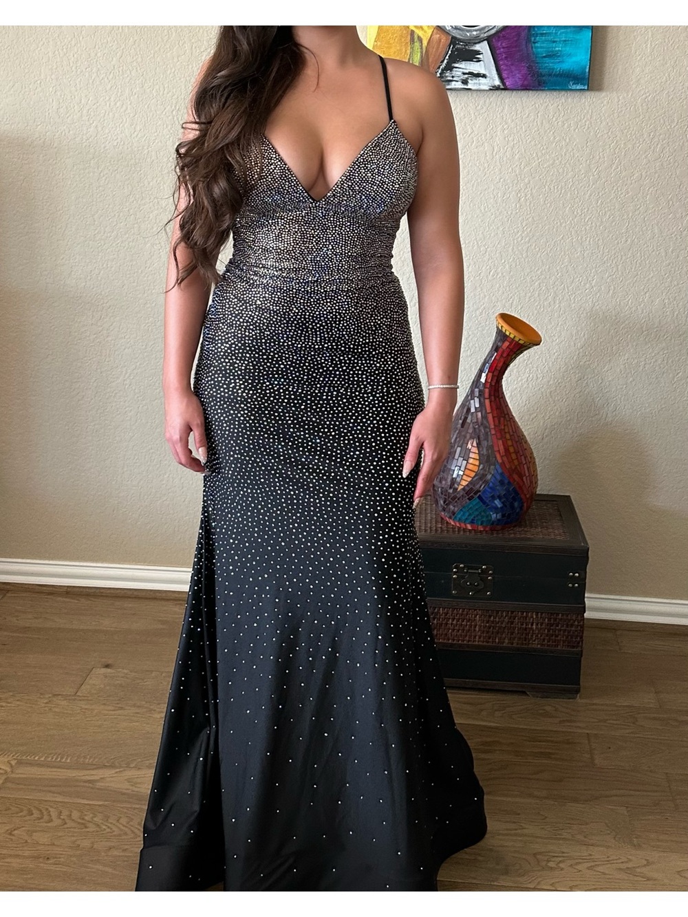Black Rhinestone Spaghetti Strap Prom Gown